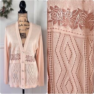 Vintage [Miss Amourelle] Pale Peach Pointelle Knit Embroidered Cardigan …
